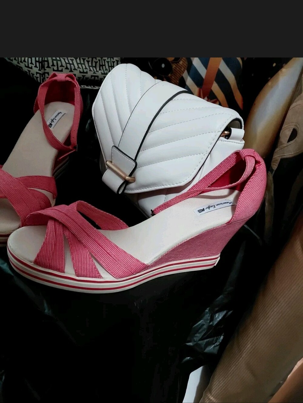 American Eagle Outfitters Red Wedge Sandals with Ankle Strap